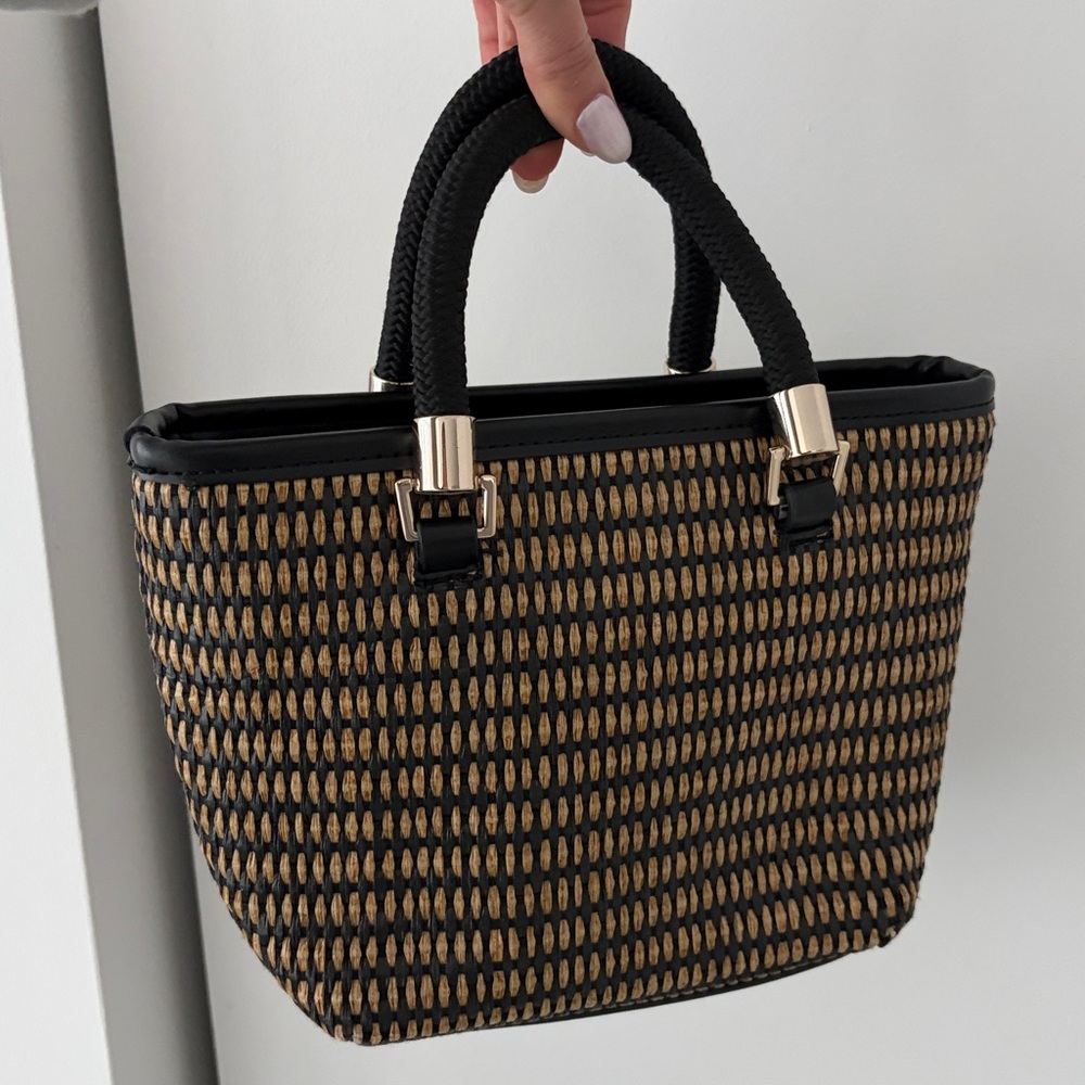 Zara Black & Tan Mini Straw Tote Handle Bag